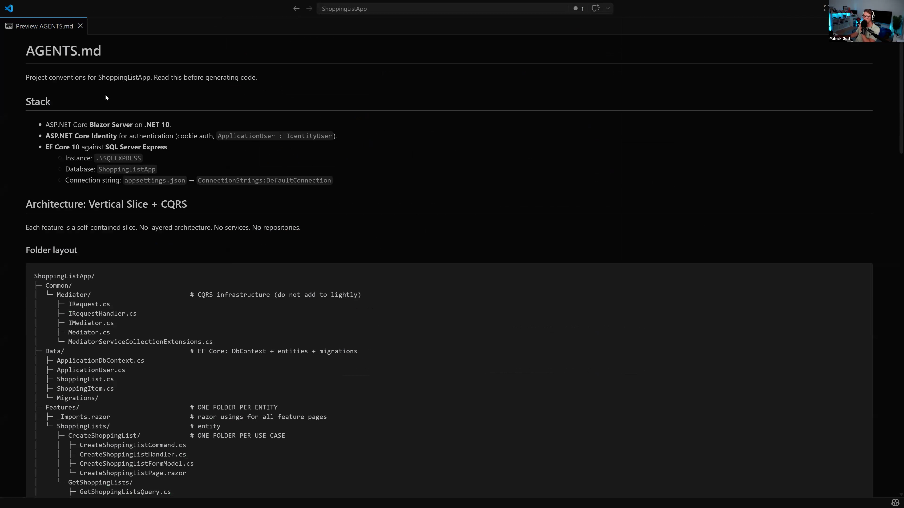 AGENTS.md file describing the project's stack and coding conventions