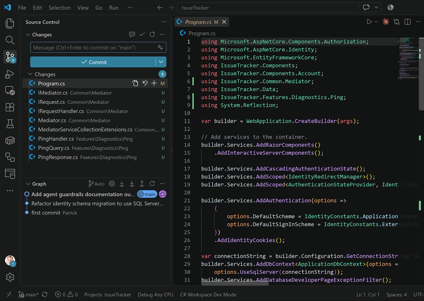 VS Code showing the issue tracker project structure with Common Mediator and Features Diagnostics Ping folders